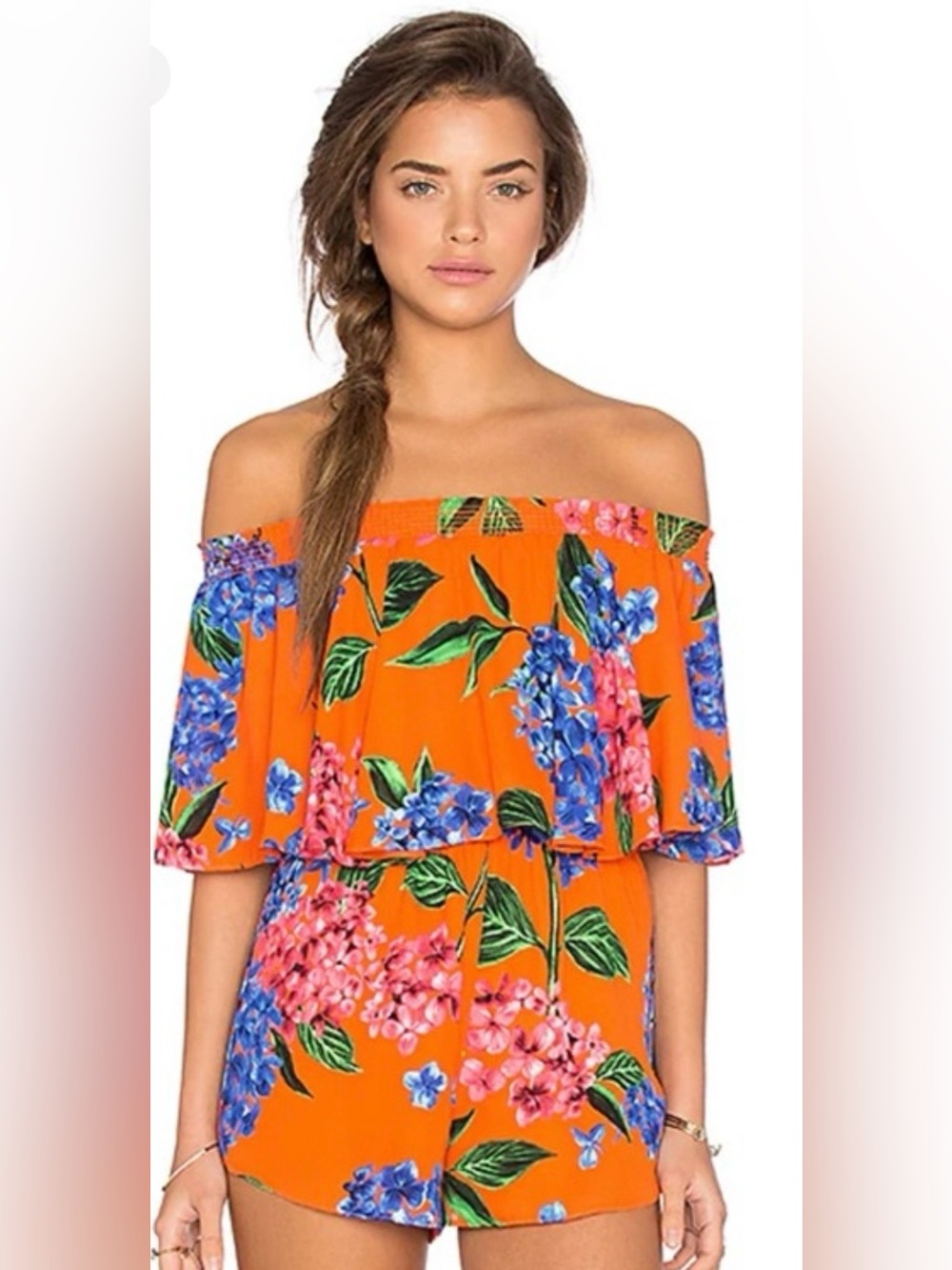 Show Me Your MuMu Orange Off-Shoulder Floral Romper with Blue & Pink Blooms